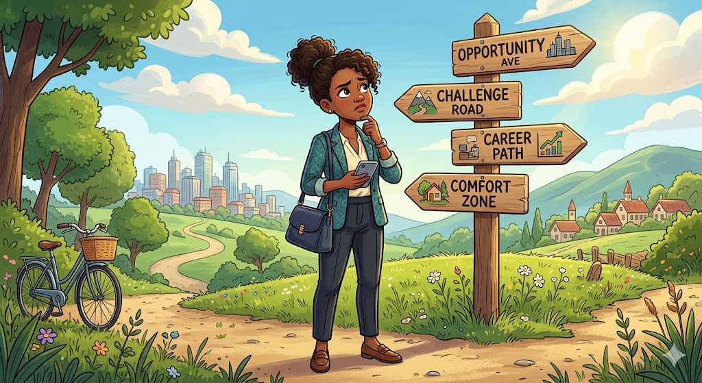 Woman looking at various career options
